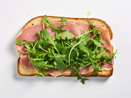 Cooked ham on a rectangular piece of bread spread with avocado cream. generated aiの素材