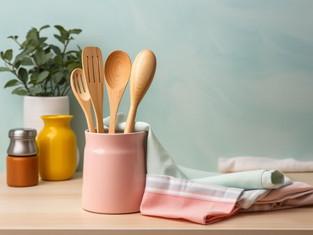 On the kitchen table kitchen utensils with whiskey on a pastel colored kitchen towel. generated aiの素材