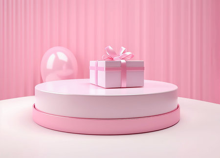 Round podium with gift box on pink - white background with linear graphics. generated aiの素材