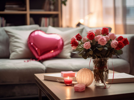 living room decorated with heart shaped balloons for romantic party. generated aiの素材