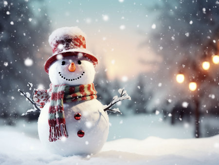 Happy snowman standing in Christmas landscape. Merry Christmas and Happy New Year greeting card. generated aiの素材
