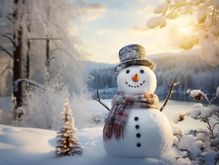 Happy snowman standing in Christmas landscape. Merry Christmas and Happy New Year greeting card. generated aiの素材