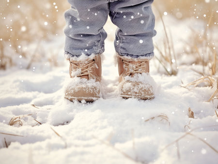 baby's feet in winter boots in the snow. generated aiの素材