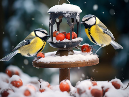two adorable blue tit birds sitting in the feeder and eating berries. generated aiの素材