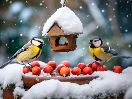 snow falling on the bird feeding place. generated aiの素材