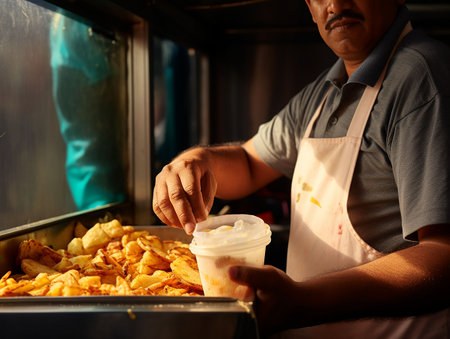 Close-up portrait of the hands of a street food vendor. generated aiの素材