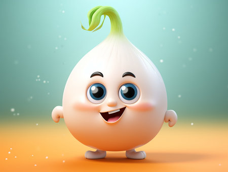 charming smiling onion cartoon character on blurred blue-yellow background. generated aiの素材