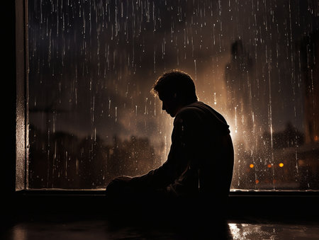 Unpleasant pain. silhouette of sad and unhappy man sitting in front of window in rainy night. generated aiの素材