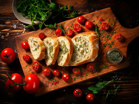 Bread with herb and tomatoes on an old cutting board. view from above. generated aiの素材