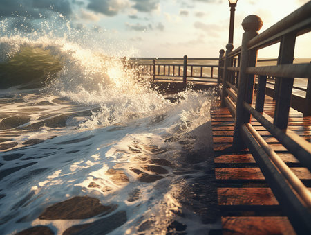 Waves crash against a pier as the sun sets over the ocean. generated aiの素材