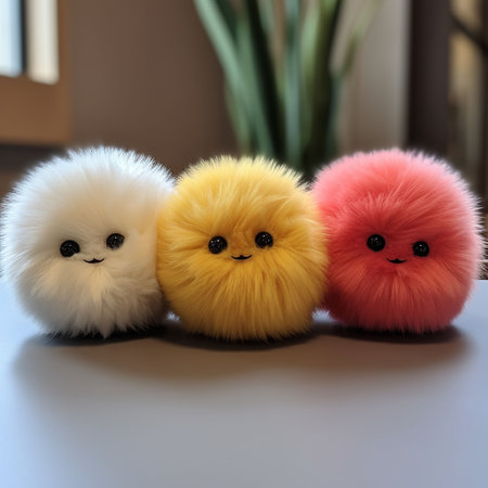 funny multi-colored plush balls - pompoms with long fur made of synthetic leather on table. generated aiの素材