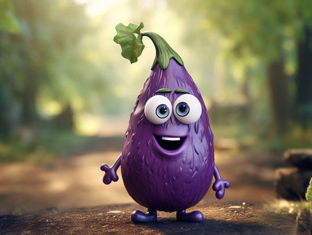 Adorable smiling eggplant cartoon character on blurred background. generated aiの素材