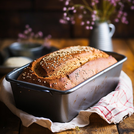 Homemade wholemeal bread in a baking pan on a rustic background. generated aiの素材
