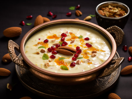 bowl of Kheer, garnished with nuts and dry fruits. typical dish of the Indian festival. generated aiの素材