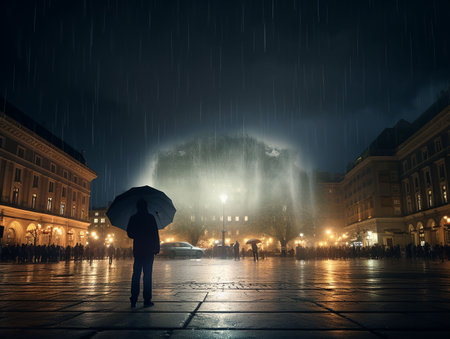 rain time in the city. A man with an umbrella in light of the Paizza. generated aiの素材