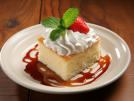Sweet Mexican piece of cake decorated with whipped cream, cherries and syrup. generated aiの素材