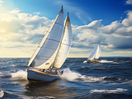 The sailboats that surf the sea with speed. Catamarani regatta concept. generated aiの素材