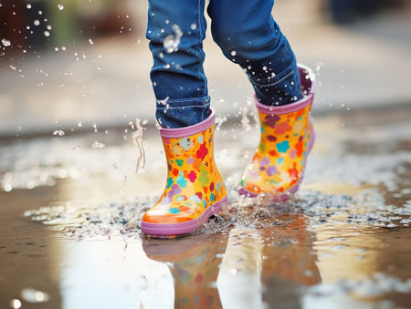 Brightly colored children's rain boots that splash in water-resistant puddles. generated aiの素材