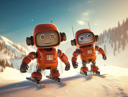 two little cute robots are skiing in the mountains. generated aiの素材