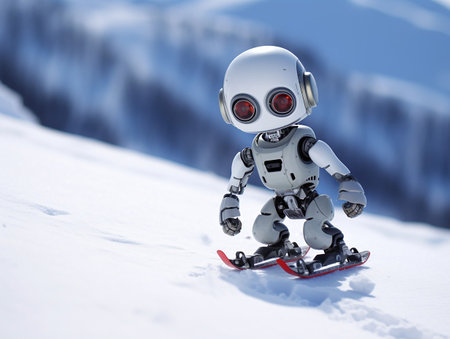 one little white cute robot is skiing in the mountains. generated aiの素材