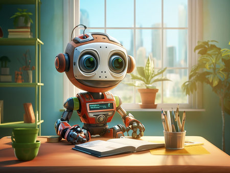 little cute robot does school homework sitting in front of table. generated aiの素材