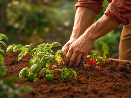close-up of a person's hands planting vegetables in the garden. generated aiの素材