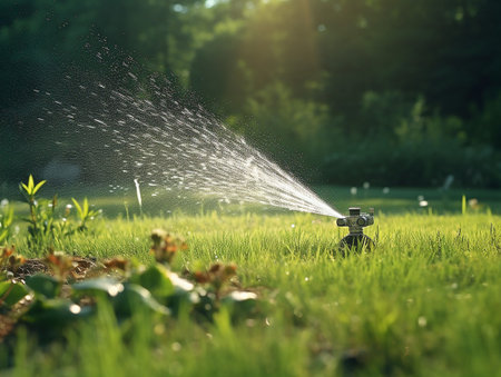 Automatic garden lawn sprinkler in action. generatrd aiの素材