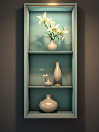 illuminated niche in the wall with a vase of flowers. generated aiの素材