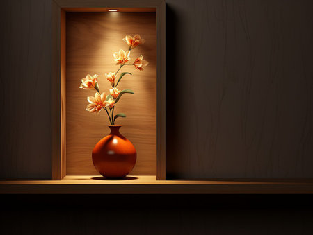 illuminated niche in the wall with a vase of flowers. generated aiの素材