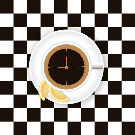 A cup of coffee with a lemon on a saucer on a chess boardのイラスト素材