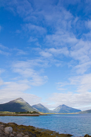 Beautiful landscape with blue sky and mountain peak backgroundの写真素材