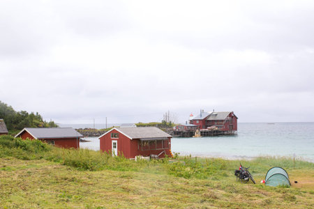 A view from wharf on some tourist camp on sea backgroundの写真素材