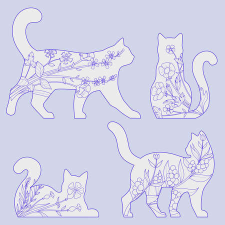 Cat silhouettes with flowersのイラスト素材