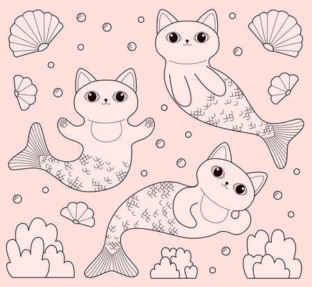 Cat Mermaids with bubbles, seaweed and shellsのイラスト素材