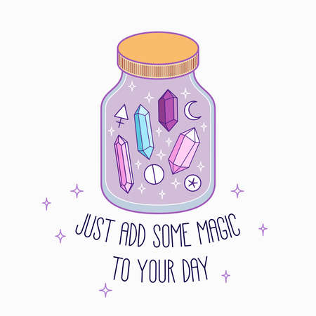 Glass Jar with Crystals, Symbols and a Quote. Vector illustrationのイラスト素材