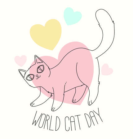 World Cat Day Cute Postcard. Vector illustrationのイラスト素材