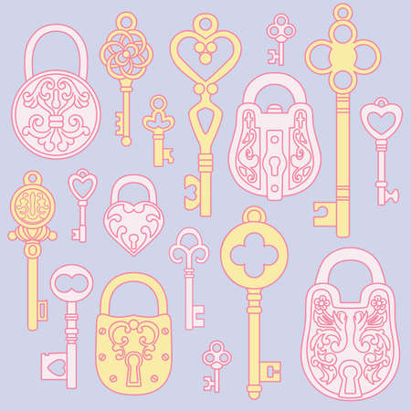Set of various ornate Keys and Locks. Vector illustrationのイラスト素材