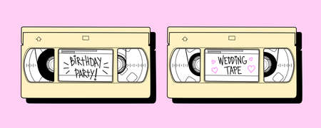 Set of two VHS cassettes with notes. Vector illustrationのイラスト素材