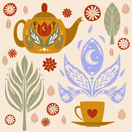 Tea set with Kettle and Cup, Folk Style. Vector illustrationのイラスト素材