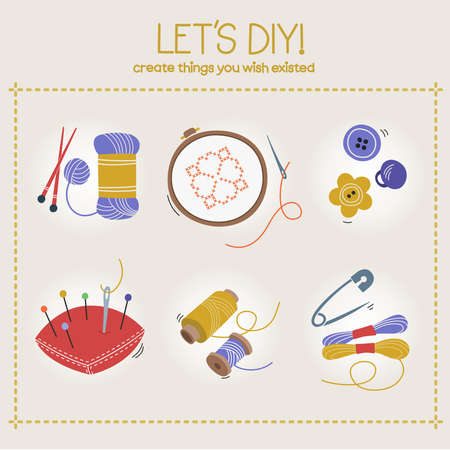Set of Items for Handmade and Sewing. Vector illustrationのイラスト素材