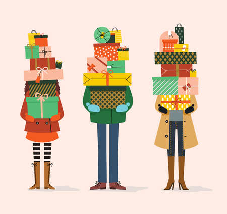People with Pile of Gifts in hands. Vector illustrationのイラスト素材