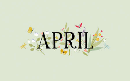 April with dragonflies, butterflies and flowers. Vector illustrationのイラスト素材