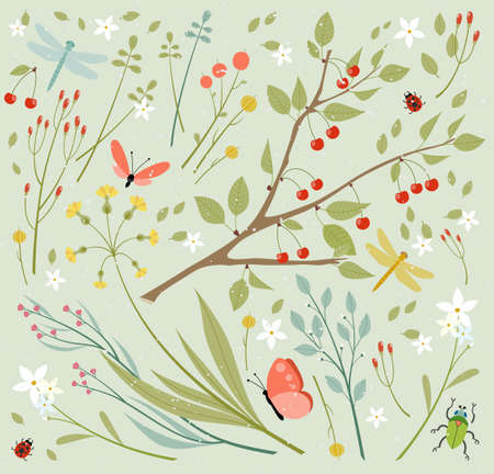Set of flowers butterflies dragonflies, berries. Vector illustrationのイラスト素材