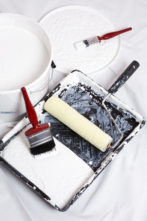 paint brushes and roller of a home decoratorの写真素材
