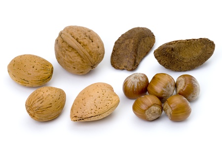 mixed whole unshelled nuts including almond, walnut, brasil and hazelの写真素材