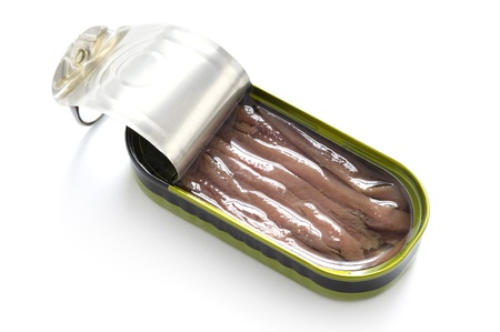 tinned anchovy fillets in oil isolated on a white backgroundの写真素材