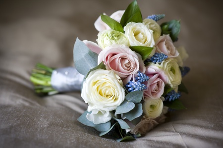 bouquet of spring flowers including: roses, muscari and ranunculusの写真素材