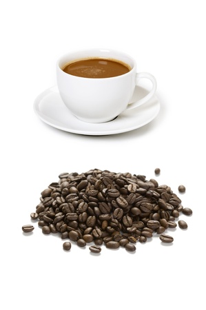 coffee cup with drink and coffee beans の写真素材