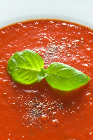 basil garnish on fresh tomato soup or sauceの写真素材