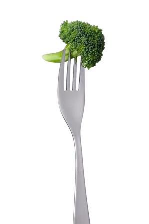 broccoli floret on a fork isolated against white backgroundの写真素材